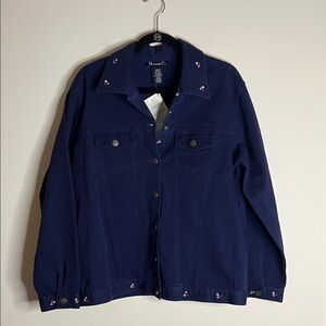 Y2K NWT Denim & Co Blue Women’s Floral Jacket Embroidered Large Button Up